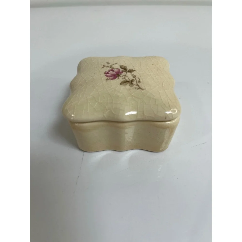 Terragrafics‎ Ceramic Trinket Box Floral Pink Rose Dresser Jewelry Holder Vtg